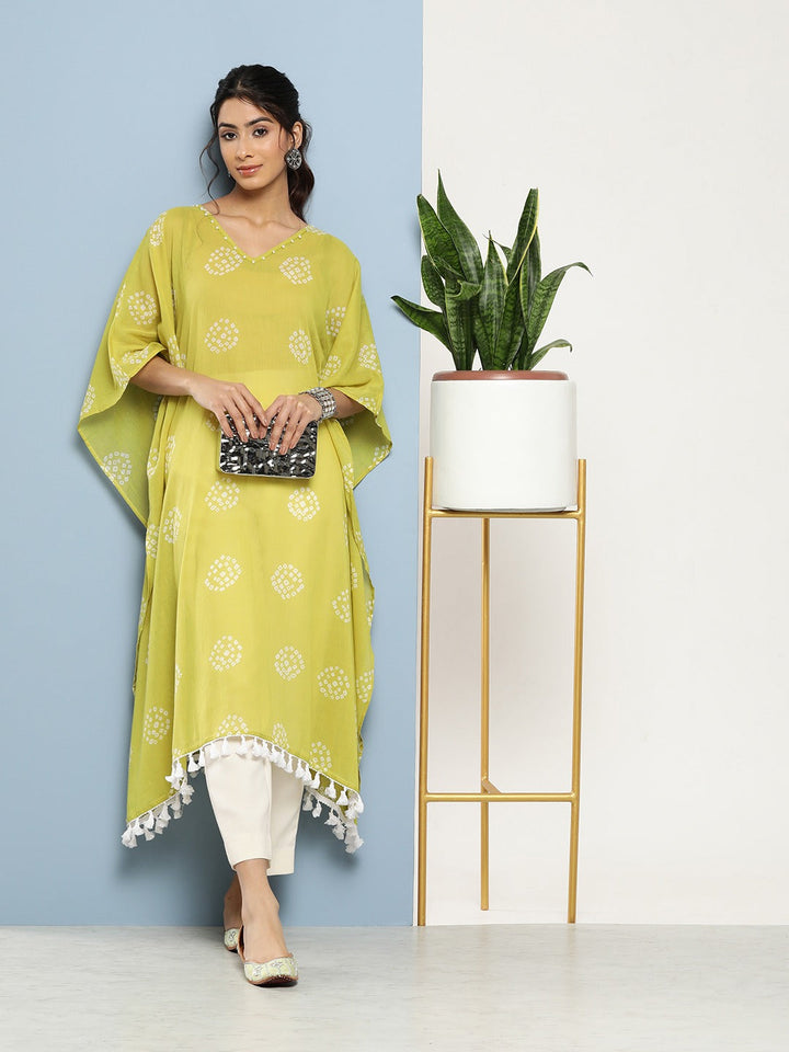 Bandhani Green Printed Kaftan Kurta-Yufta Store-1216KFTGRS