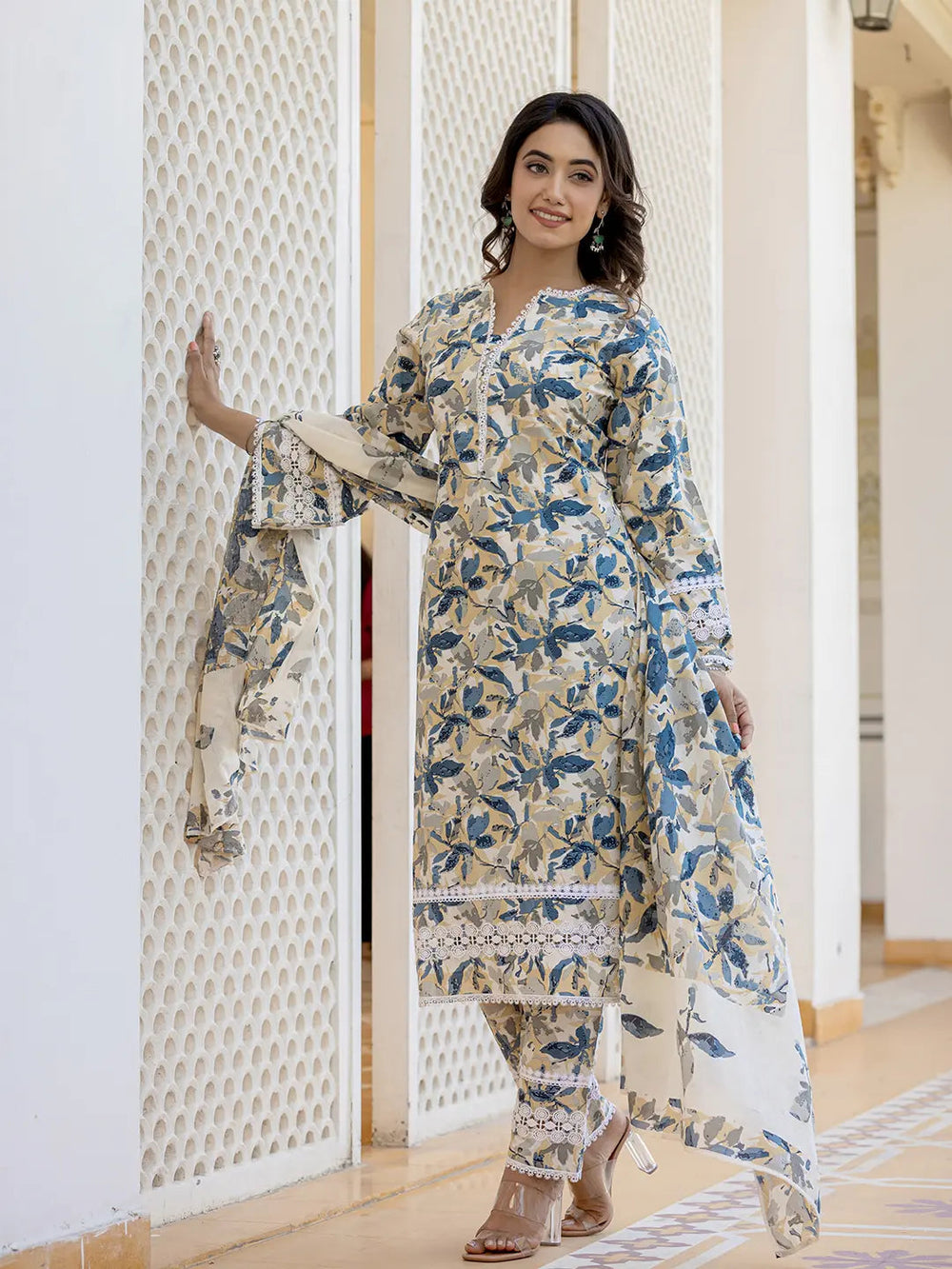 Beage Leaf Print Straight Pakistani Style Kurta Trouser And Dupatta Set-Yufta Store-1003SKDBGS
