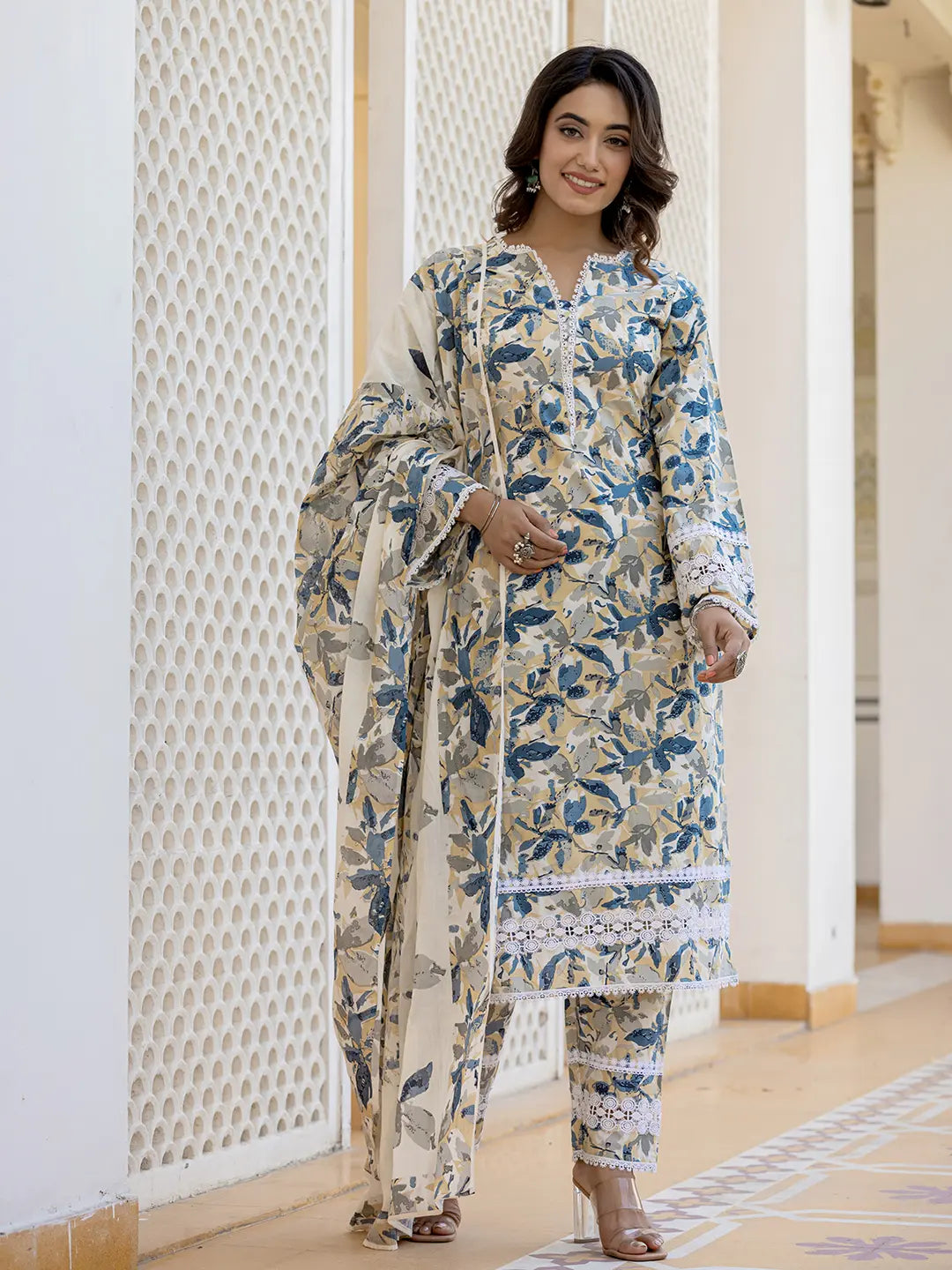 Beage Leaf Print Straight Pakistani Style Kurta Trouser And Dupatta Set-Yufta Store-1003SKDBGS
