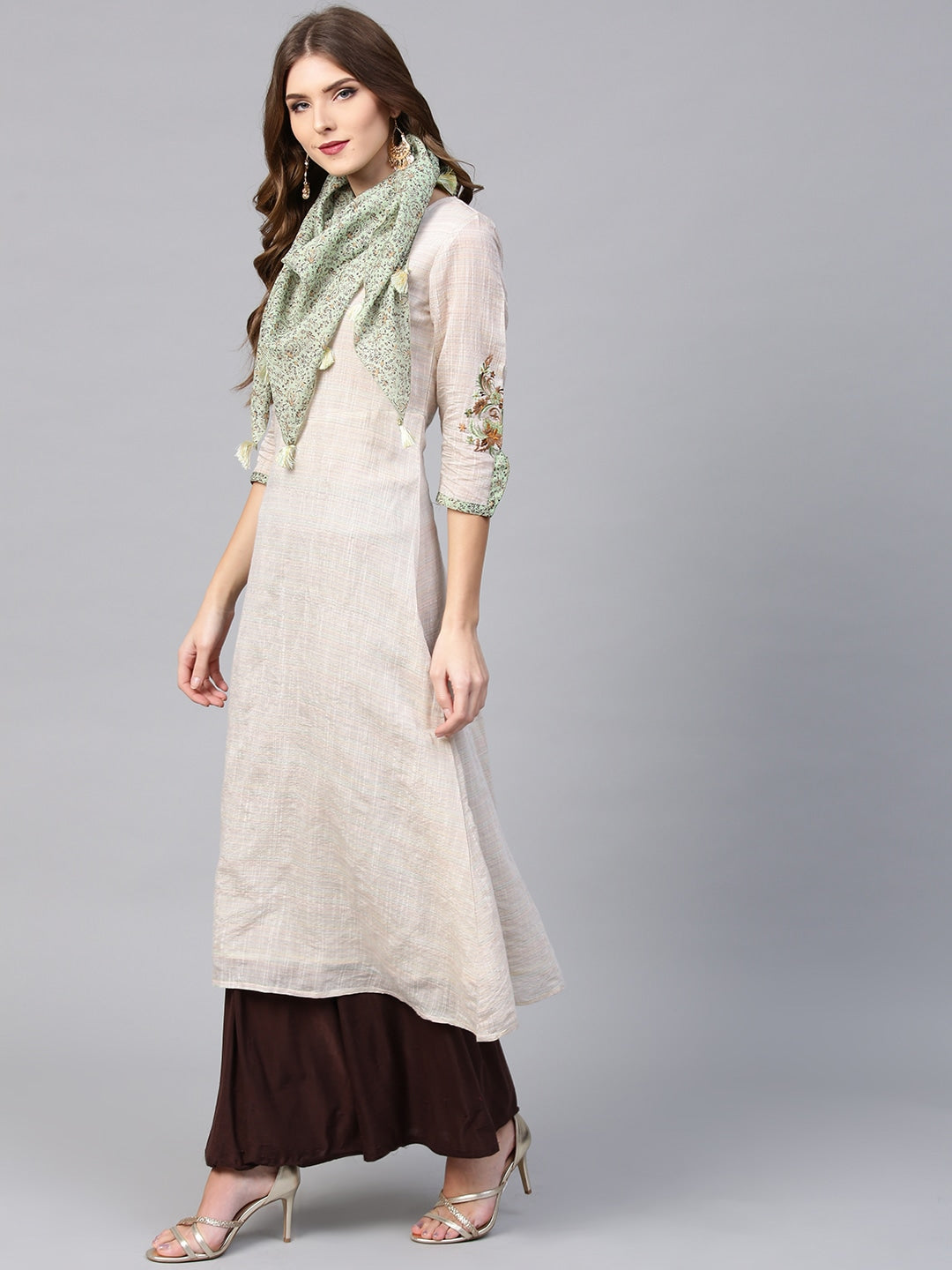 Beige A-Line Kurta-Yufta Store-YUFNKU1945S