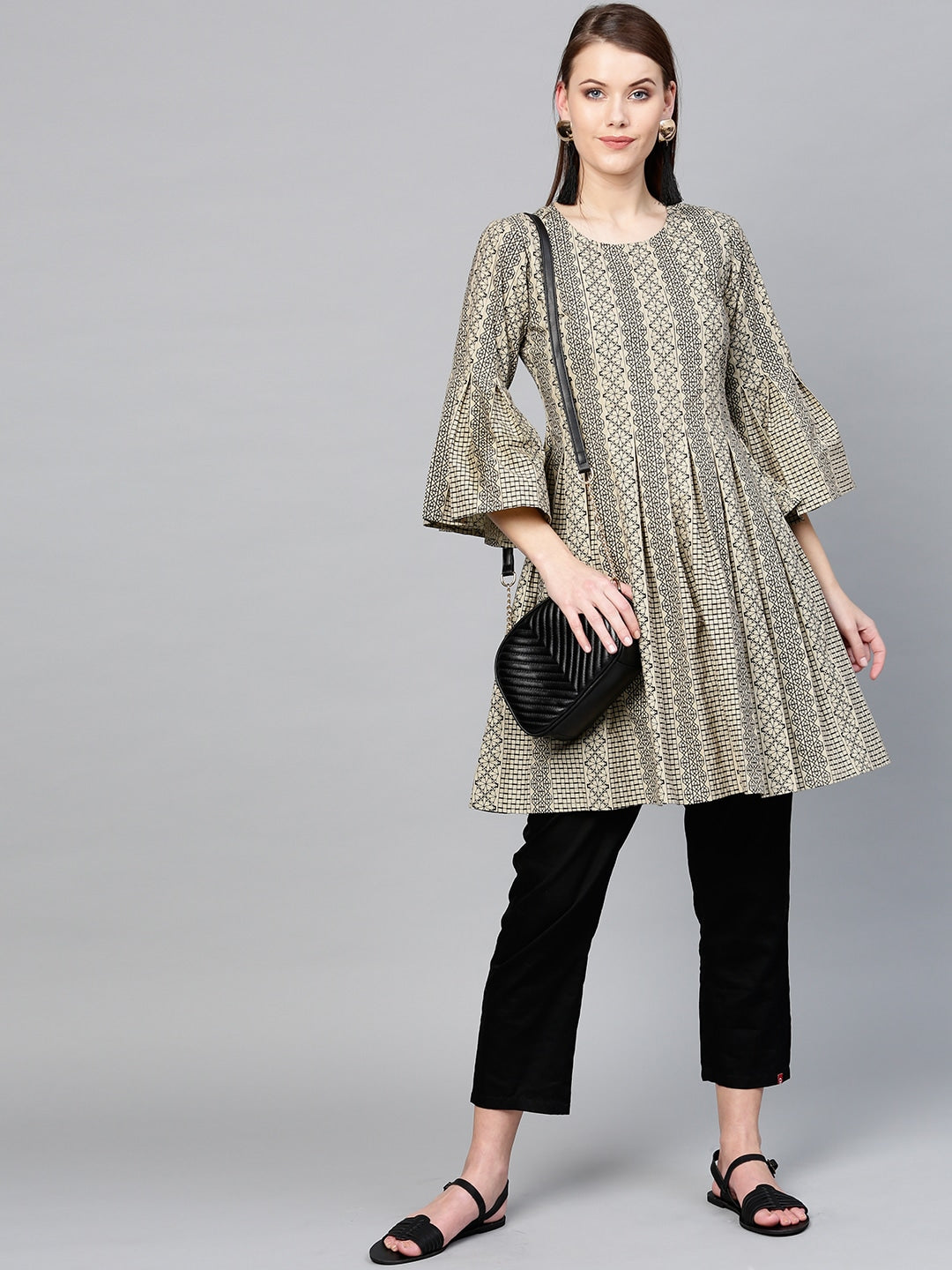 Beige & Black A-Line Tunic-Yufta Store-YUFDGKU1900XS