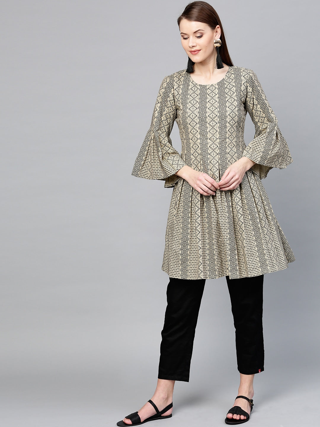 Beige & Black A-Line Tunic-Yufta Store-YUFDGKU1900XS