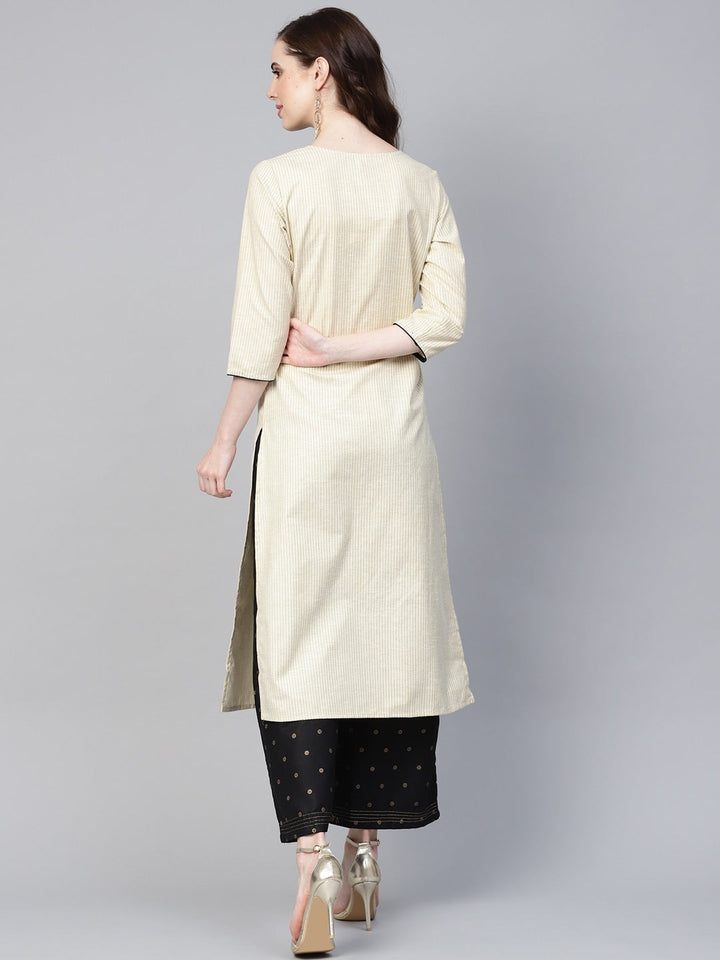 Beige & Black Straight Embroidered Kurta-Yufta Store-YUFPJKU915S