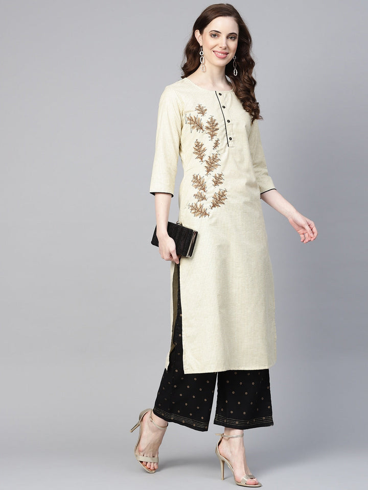 Beige & Black Straight Embroidered Kurta-Yufta Store-YUFPJKU915S