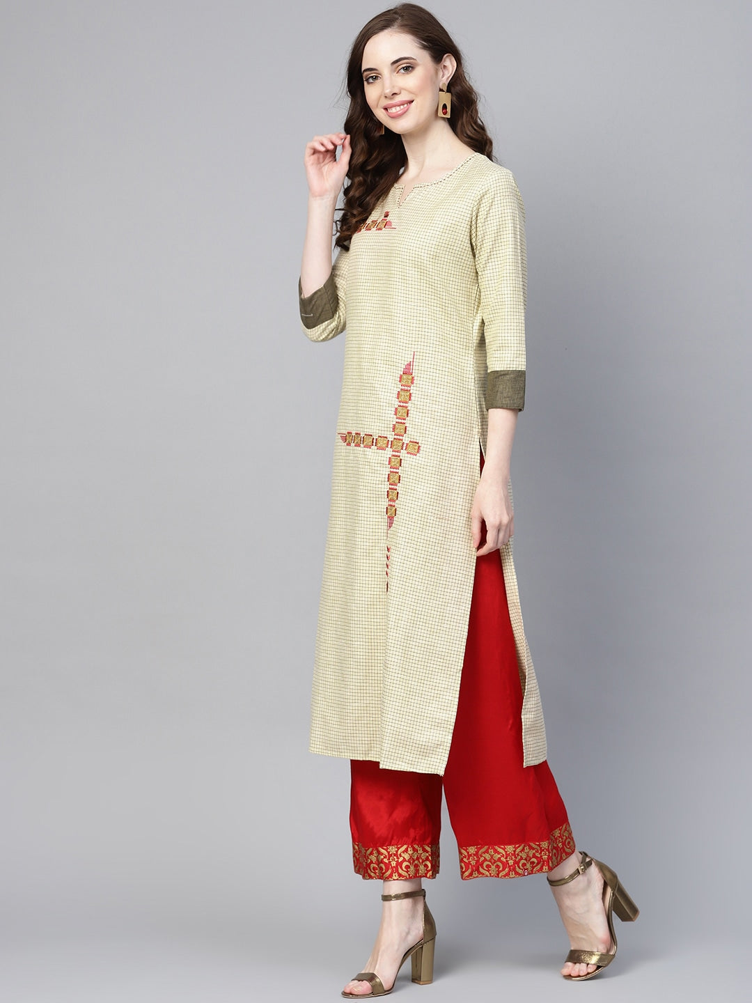 Beige & Black Straight Kurta-Yufta Store-YUFPJKU949S