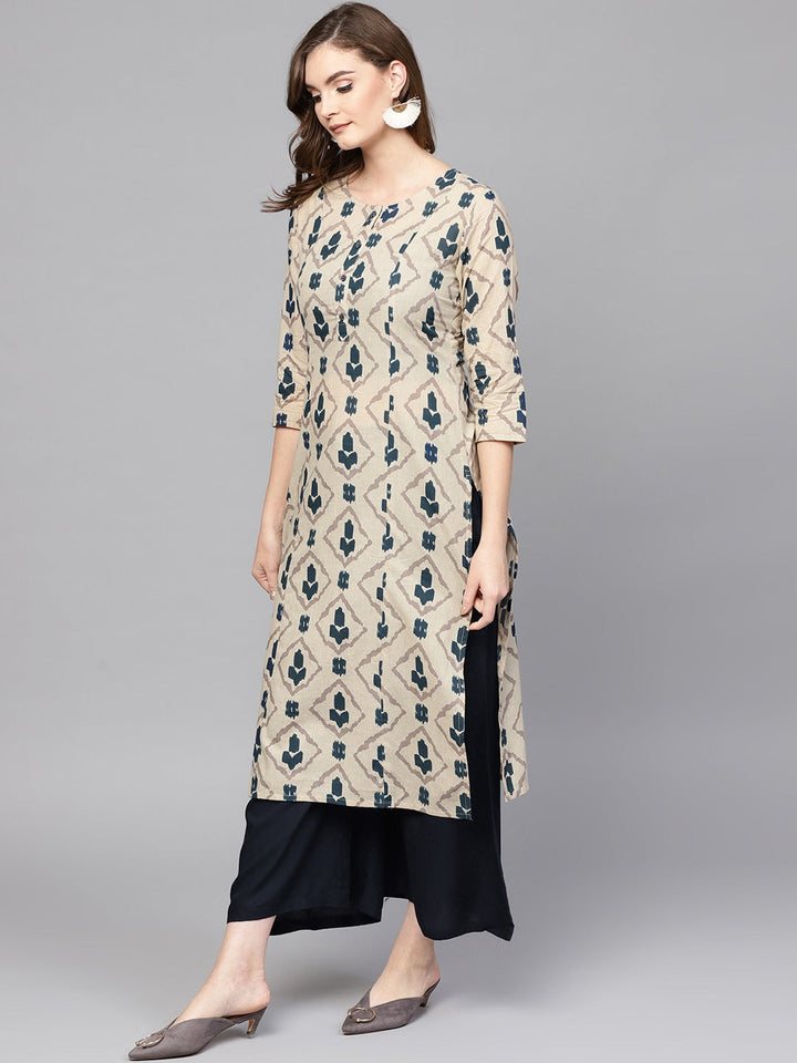 Beige & Blue Printed Kurta Set-Yufta Store-DBPWSET1555S