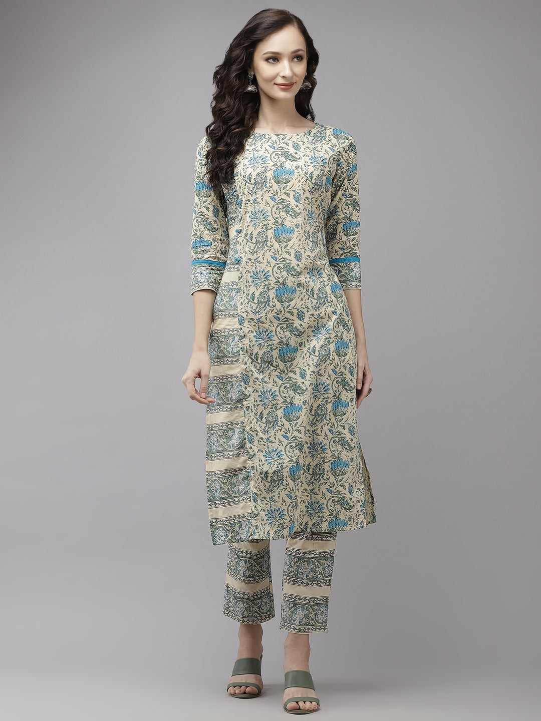 Beige & Blue Printed Kurta Set-Yufta Store-YUFPJSET859GRS