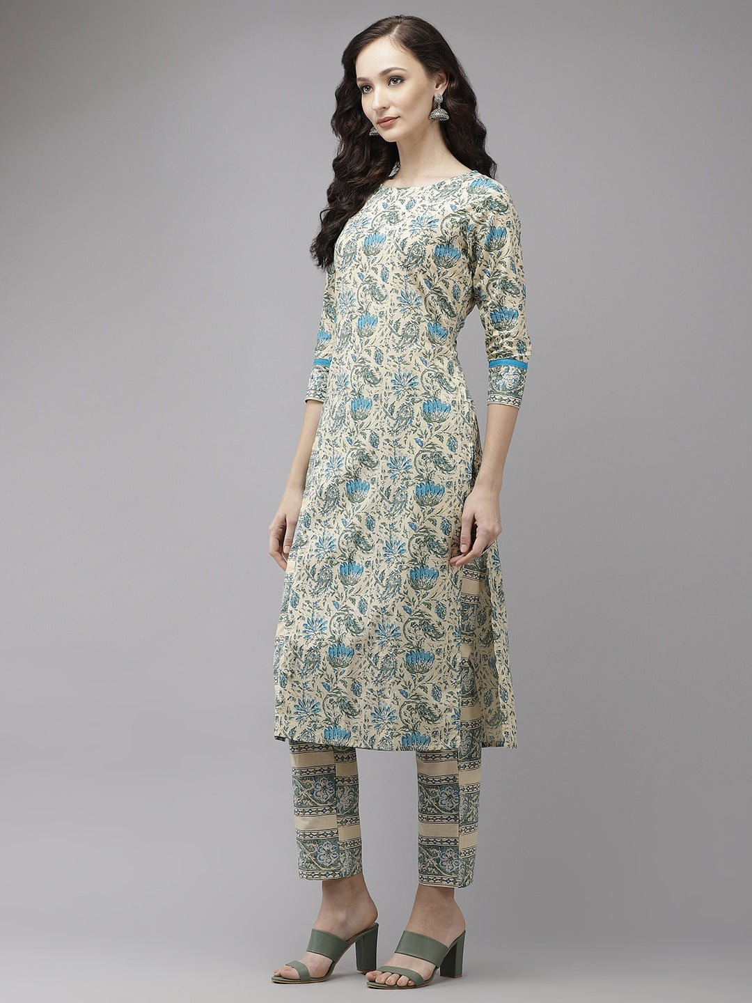 Beige & Blue Printed Kurta Set-Yufta Store-YUFPJSET859GRS