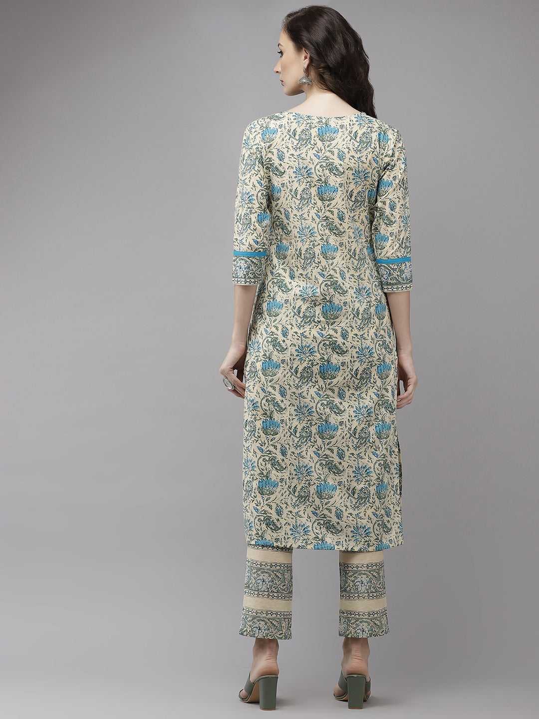 Beige & Blue Printed Kurta Set-Yufta Store-YUFPJSET859GRS