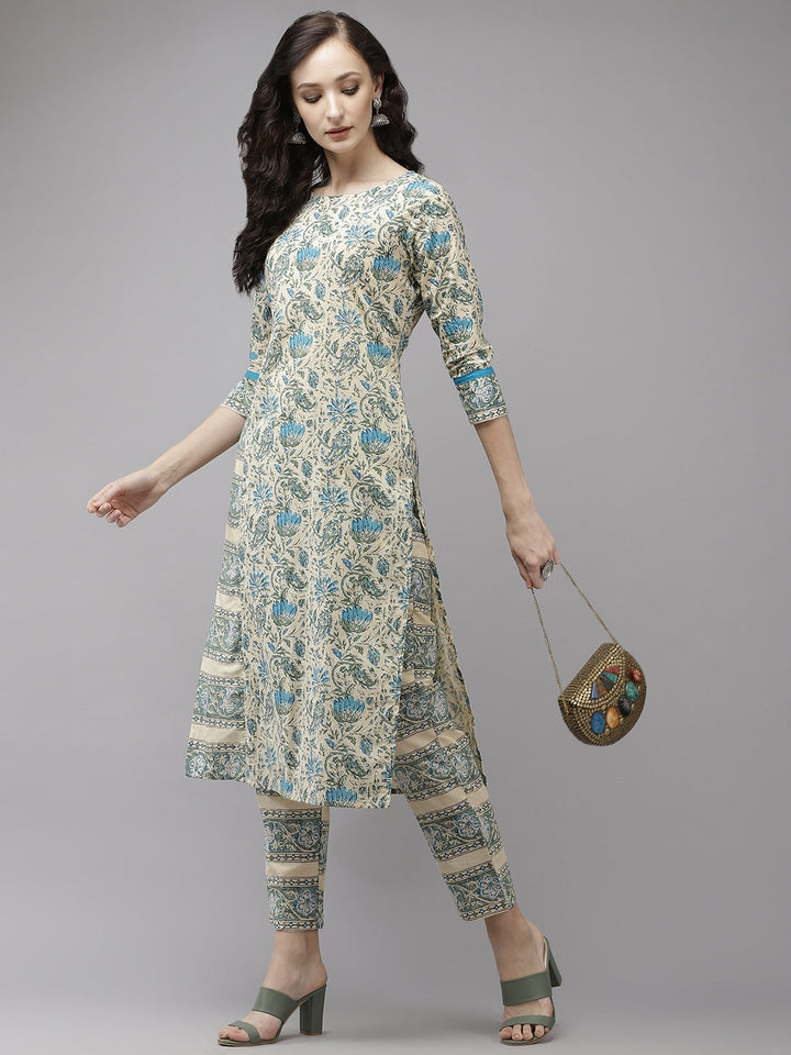 Beige & Blue Printed Kurta Set-Yufta Store-YUFPJSET859GRS