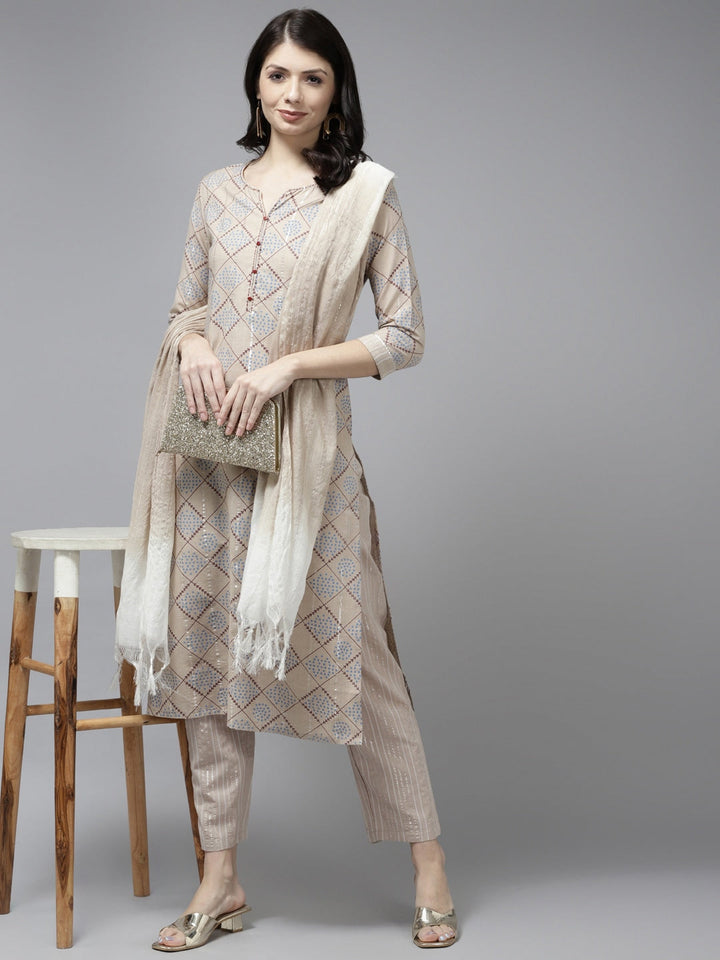 Beige Cotton Embroidered Dupatta Set-Yufta Store-9803SKDBGS