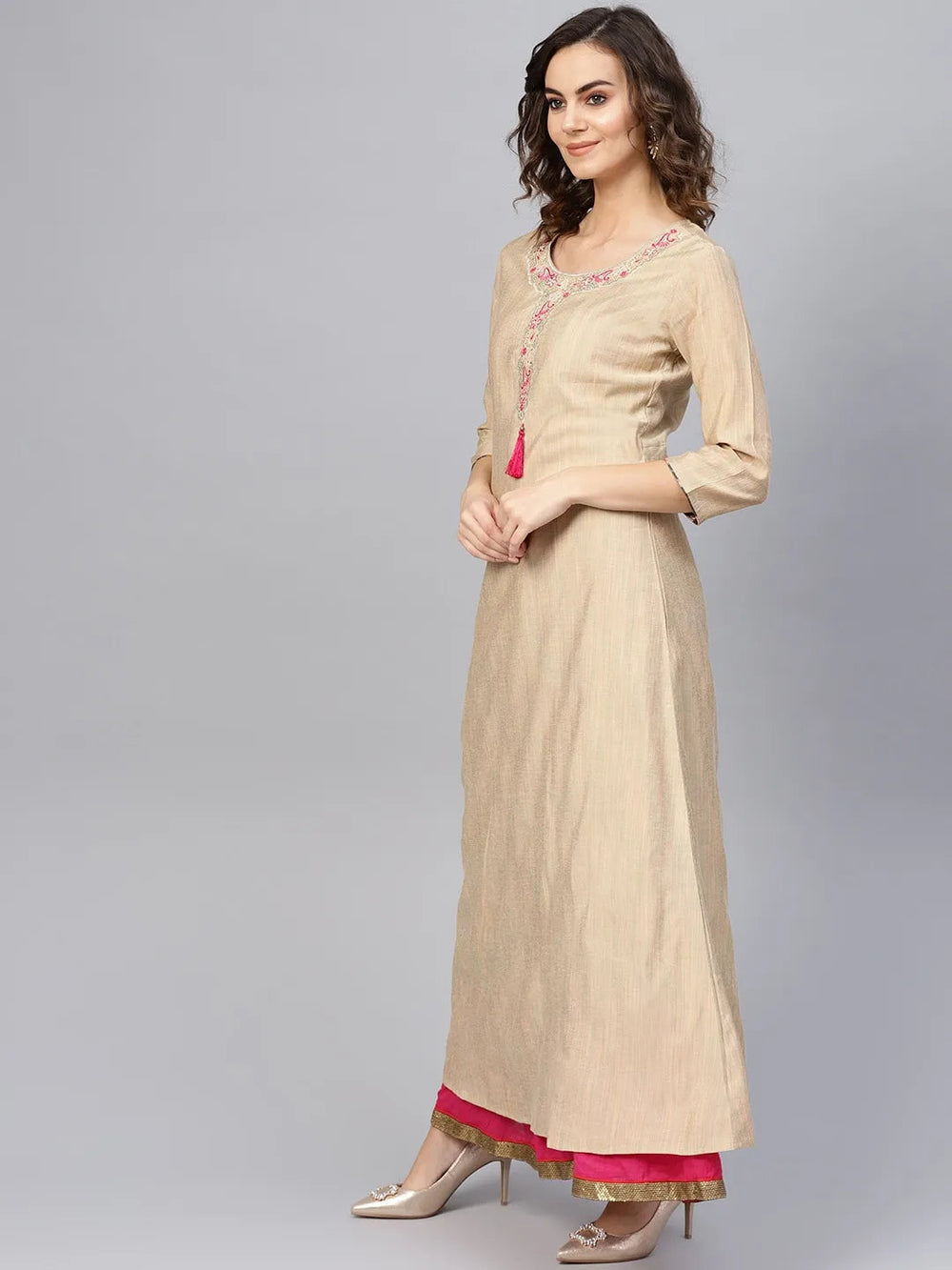 Beige Dupatta A-Line Set-Yufta Store-2010KURBGS