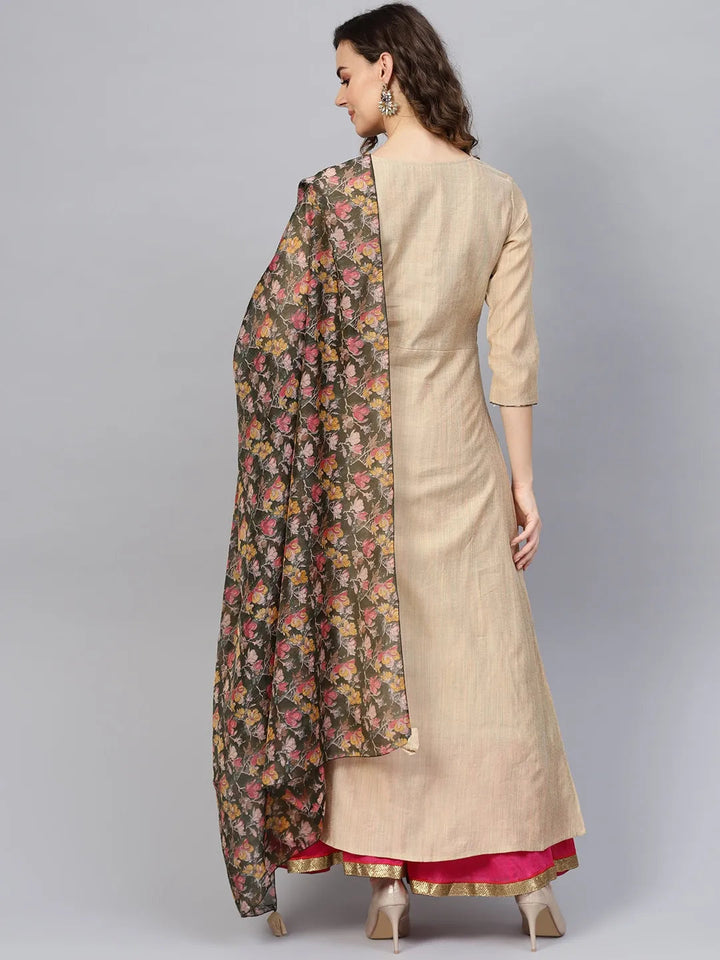 Beige Dupatta A-Line Set-Yufta Store-2010KURBGS