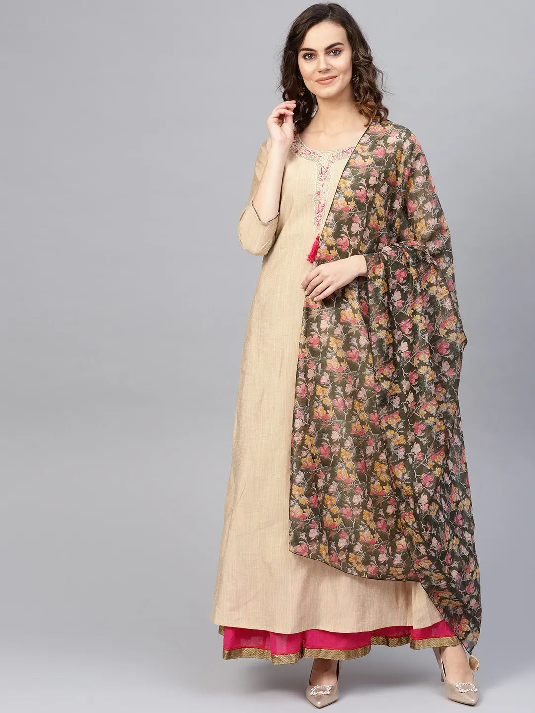 Beige Dupatta A-Line Set-Yufta Store-2010KURBGS