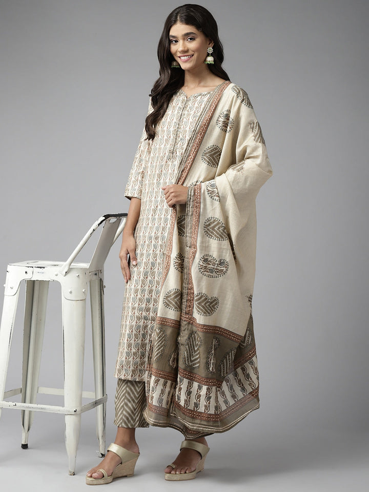 Beige Ethnic Motifs Printed Dupatta Set-Yufta Store-5602SKDBGM