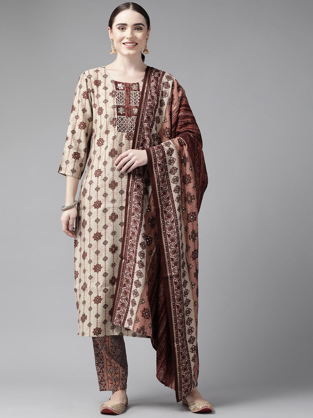 Beige Ethnic Motifs Printed Straight Shape Dupatta Set-Yufta Store-9943SKDBRS