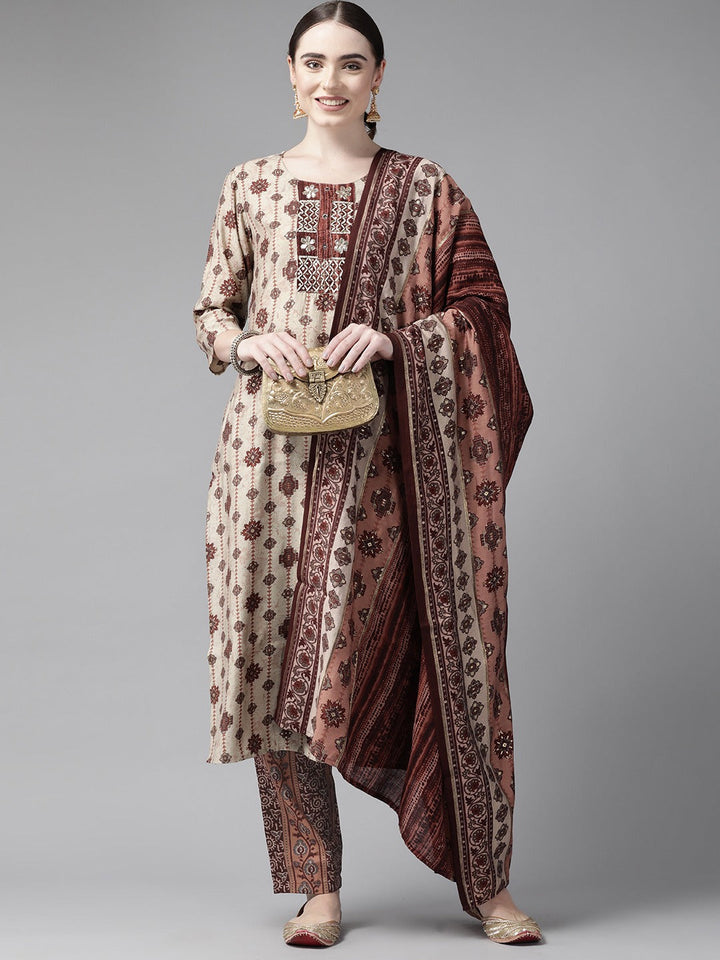 Beige Ethnic Motifs Printed Straight Shape Dupatta Set-Yufta Store-9943SKDBRS