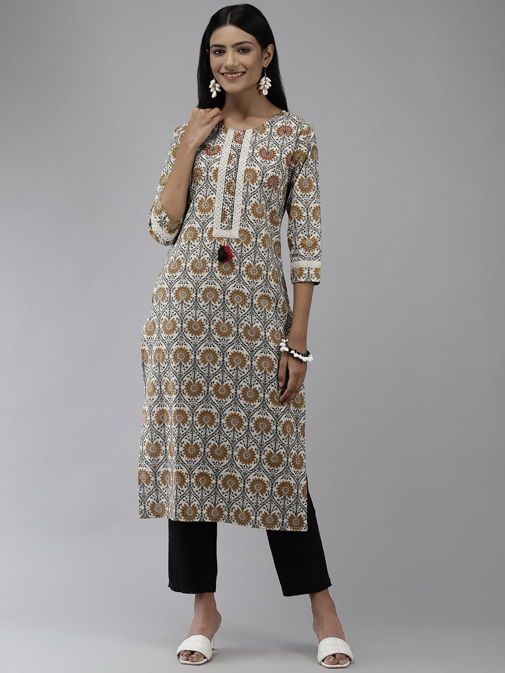 Beige Ethnic Printed Kurta-Yufta Store-9634KURBGS