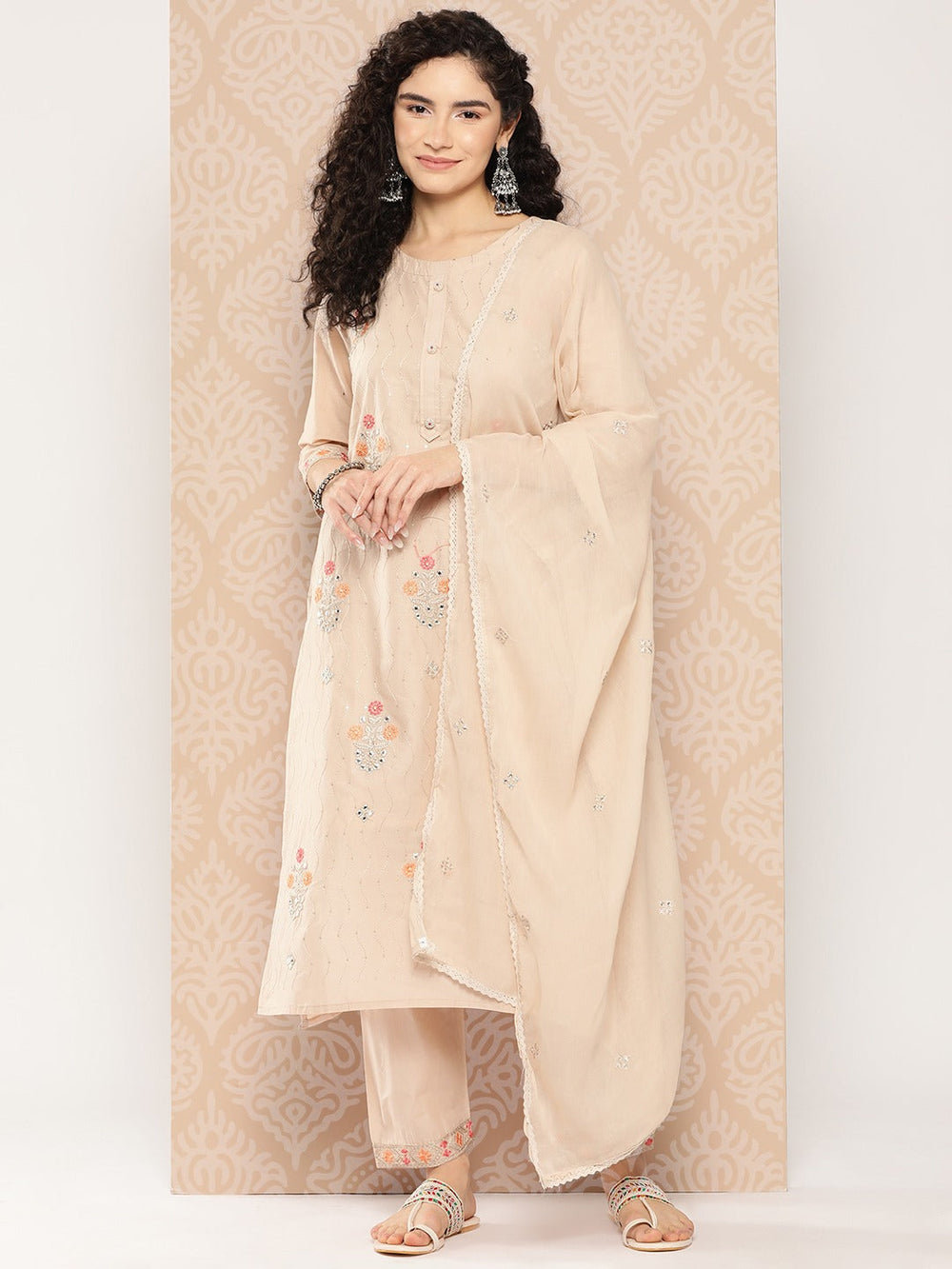 Beige Floral Embroidered Cotton Kurta Dupatta Set