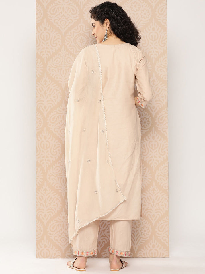 Beige Floral Embroidered Cotton Kurta Dupatta Set-Yufta Store-1294SKDPKS