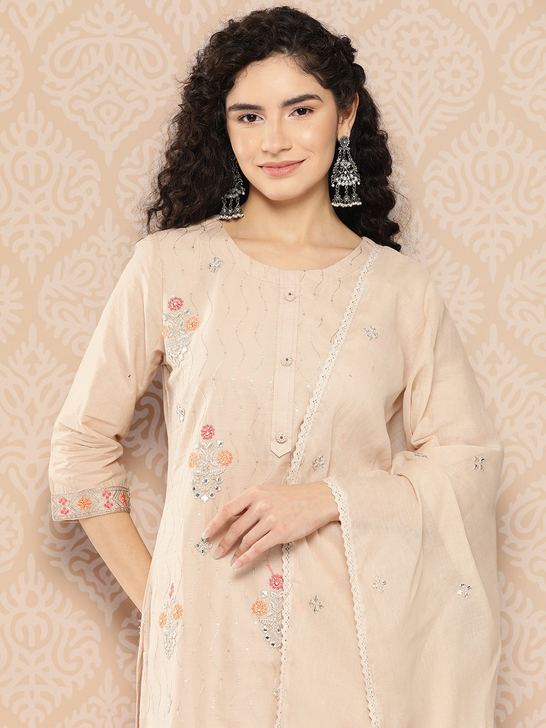 Beige Floral Embroidered Cotton Kurta Dupatta Set-Yufta Store-1294SKDPKS