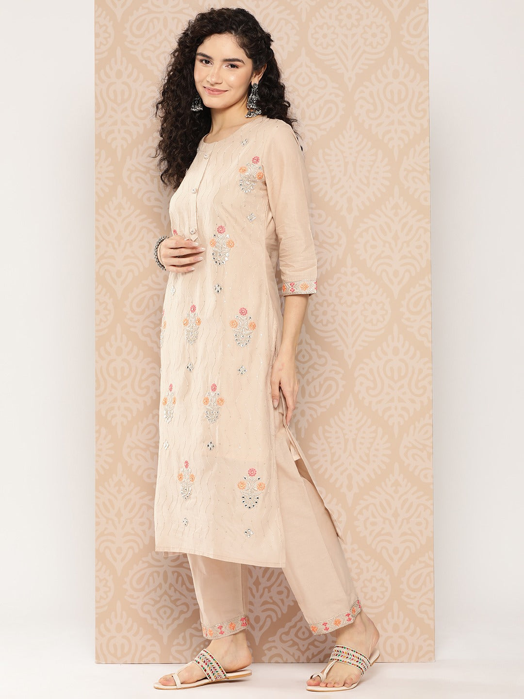 Beige Floral Embroidered Cotton Kurta Dupatta Set-Yufta Store-1294SKDPKS