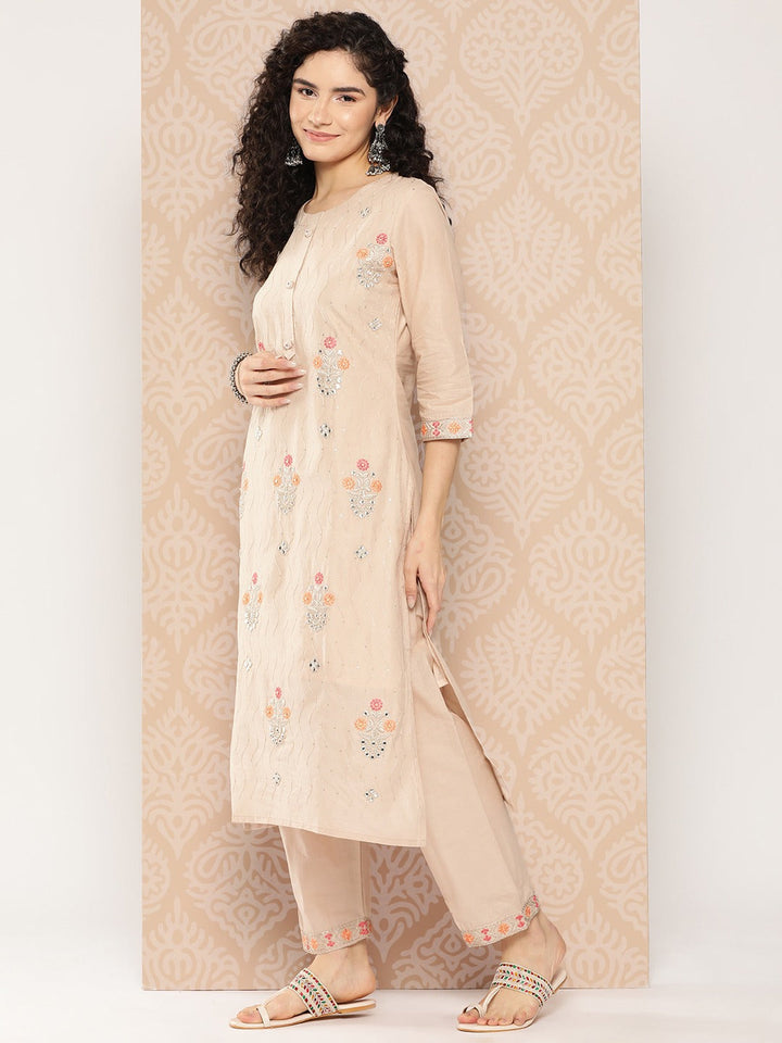 Beige Floral Embroidered Cotton Kurta Dupatta Set-Yufta Store-1294SKDPKS