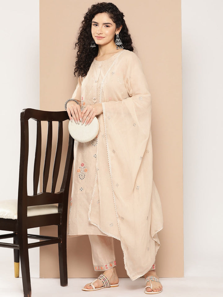 Beige Floral Embroidered Cotton Kurta Dupatta Set-Yufta Store-1294SKDPKS