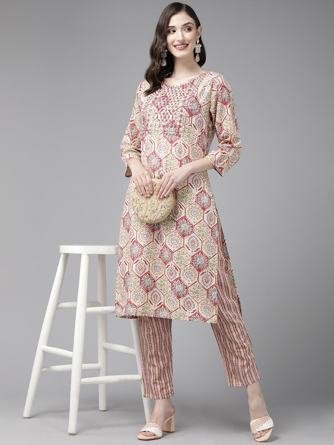 Beige Floral Print Kurta Set-Yufta Store-6509SETBGM