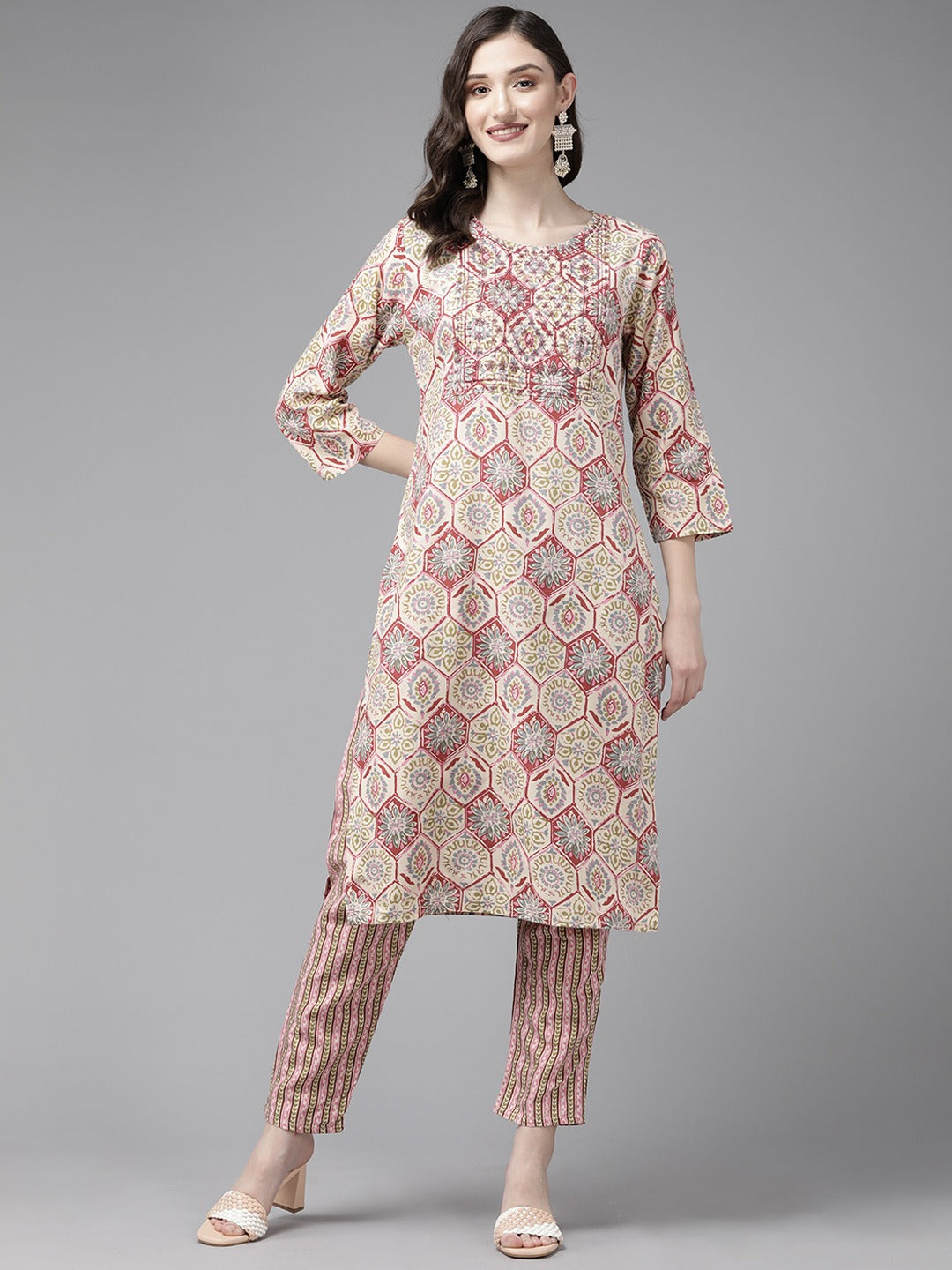 Beige Floral Print Kurta Set-Yufta Store-6509SETBGM