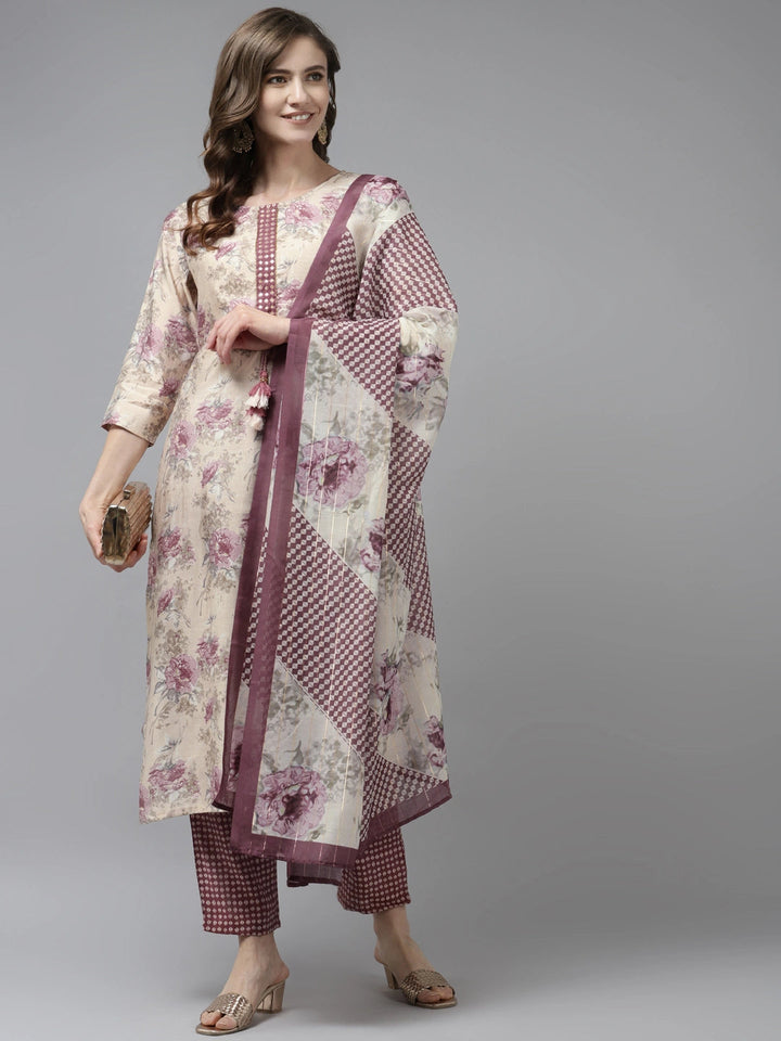 Beige Floral Printed Dupatta Set-Yufta Store-9863SKDBGS