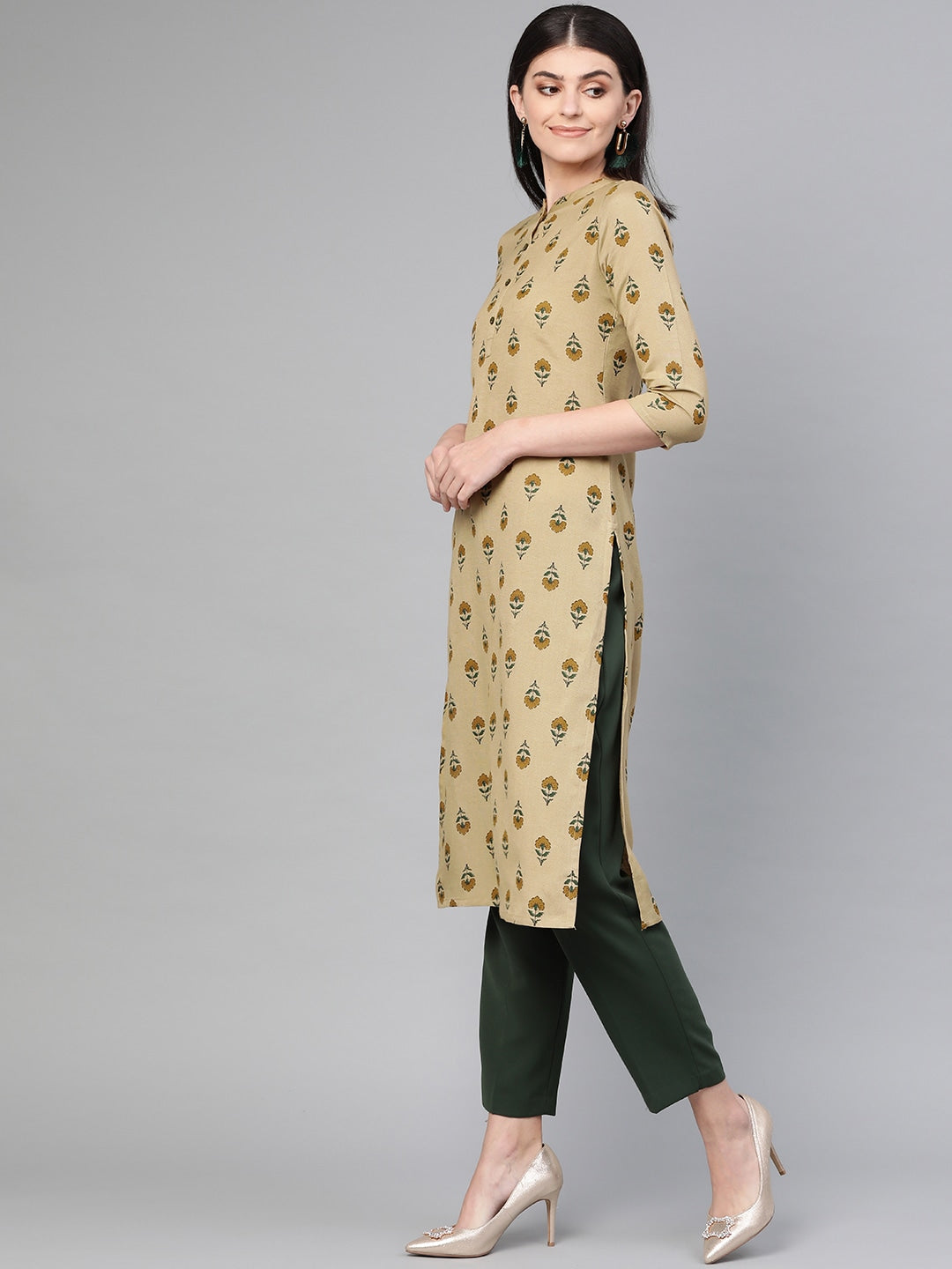 Beige & Green Straight Kurta-Yufta Store-7239KURBGS