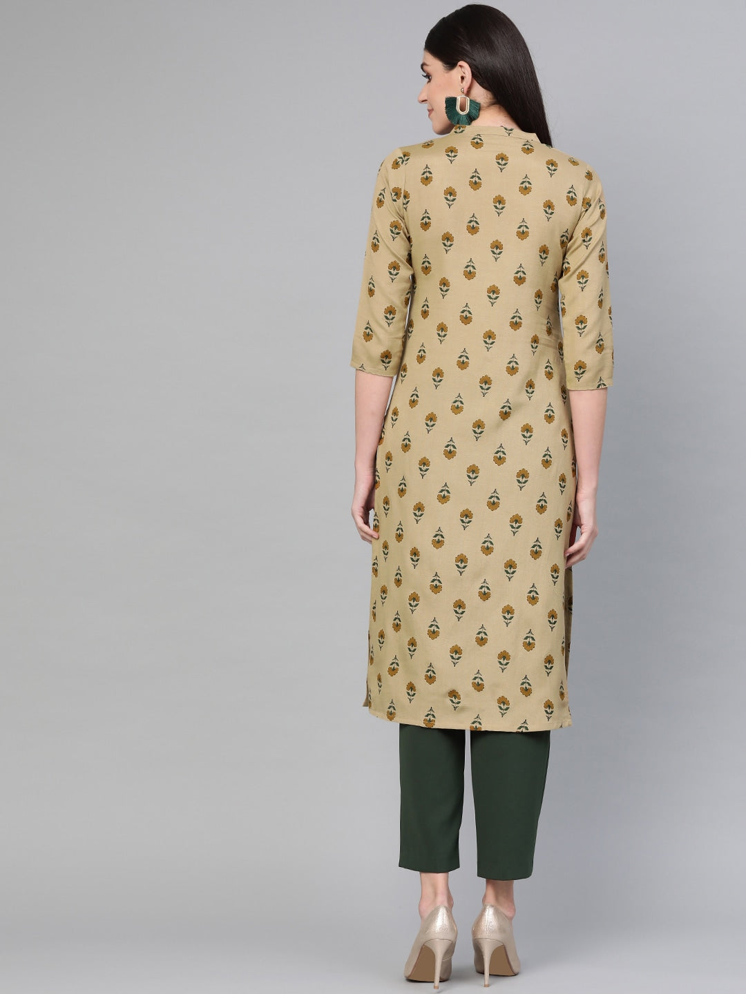 Beige & Green Straight Kurta-Yufta Store-7239KURBGS