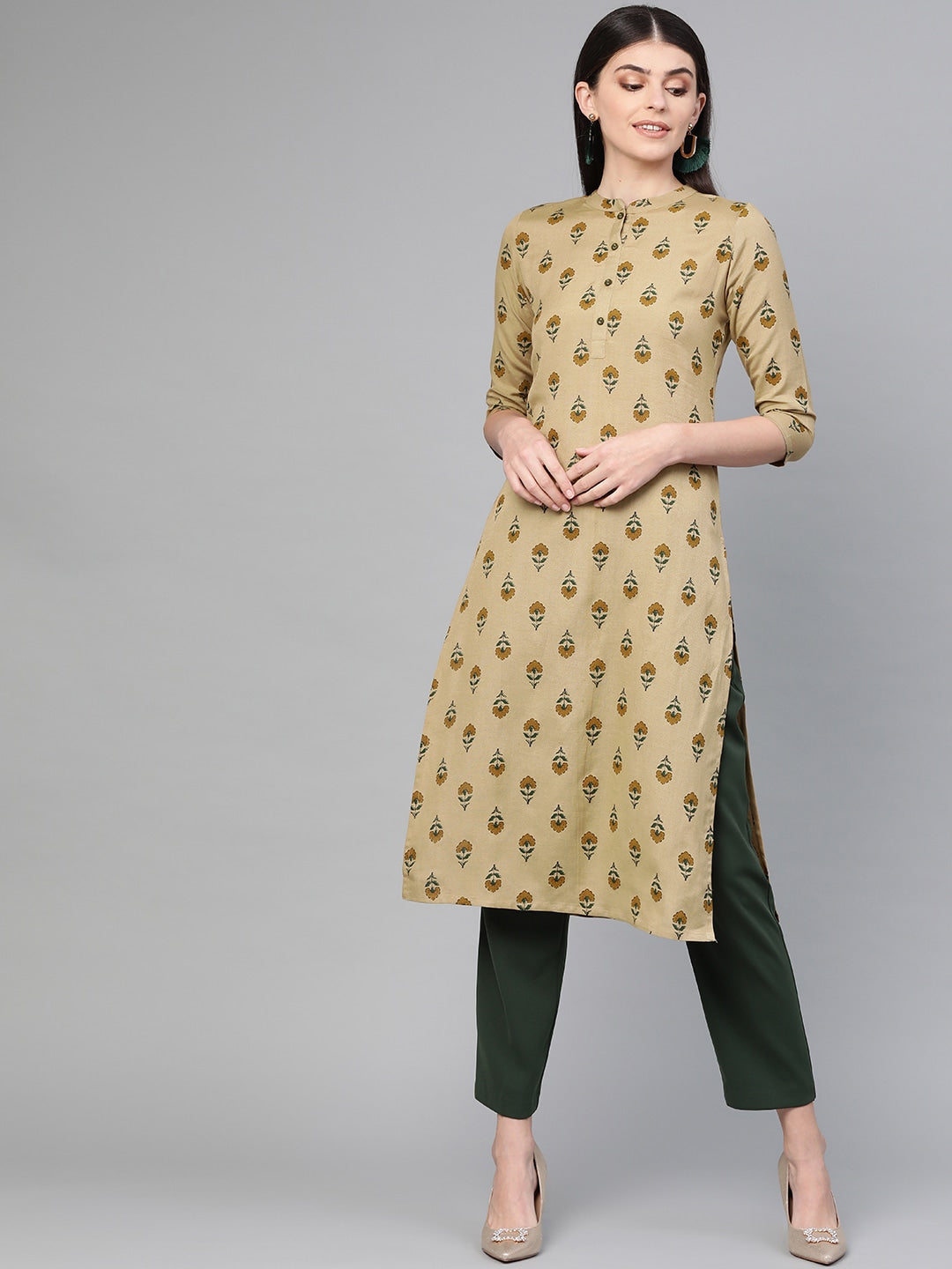 Beige & Green Straight Kurta-Yufta Store-7239KURBGS