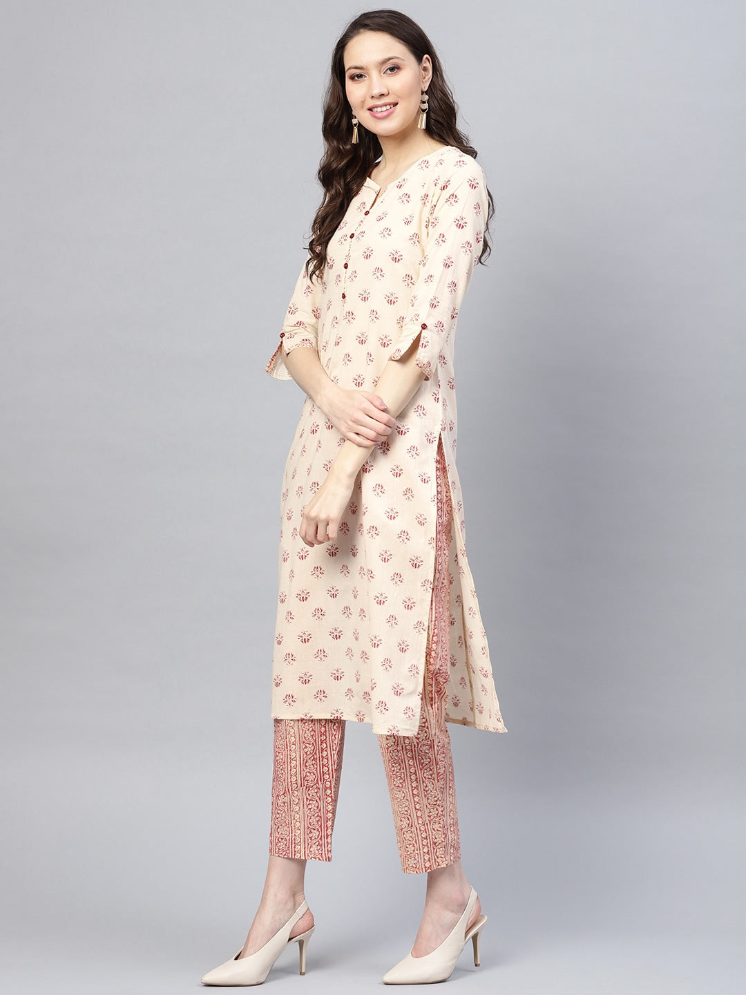 Beige & Maroon Printed Kurta Set-Yufta Store-YUFPJSET864S