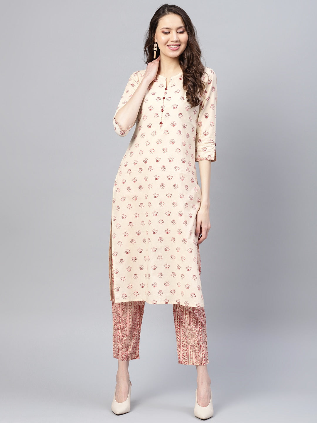 Beige & Maroon Printed Kurta Set-Yufta Store-YUFPJSET864S