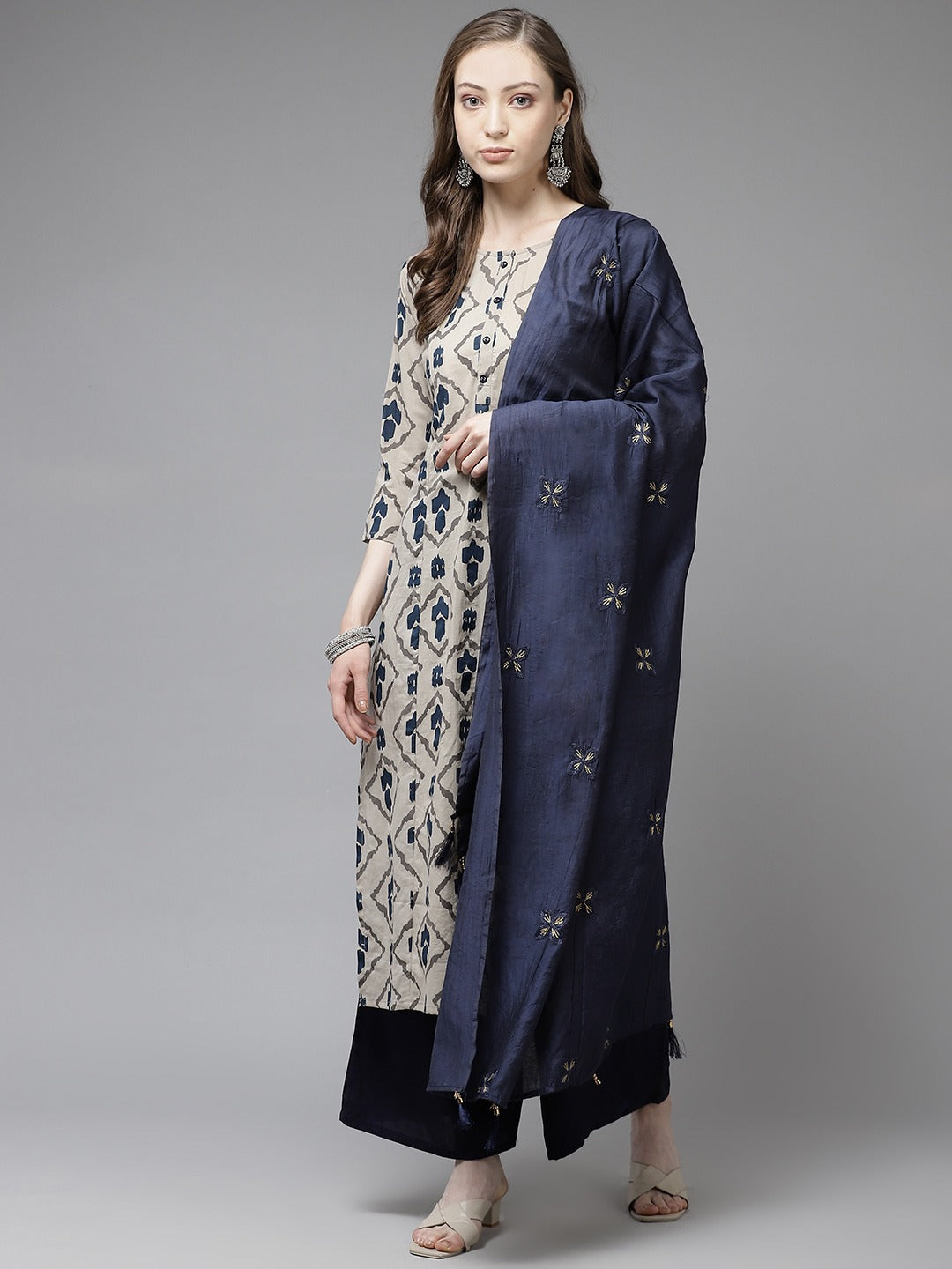 Beige & Navy Blue Printed Pure Cotton Kurta with Palazzos & Dupatta-Yufta Store-1555SKDBGS