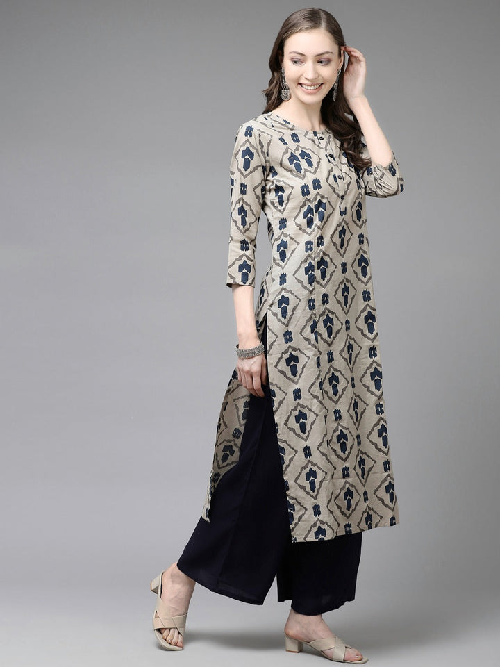 Beige & Navy Blue Printed Pure Cotton Kurta with Palazzos & Dupatta-Yufta Store-1555SKDBGS