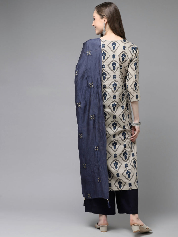 Beige & Navy Blue Printed Pure Cotton Kurta with Palazzos & Dupatta-Yufta Store-1555SKDBGS