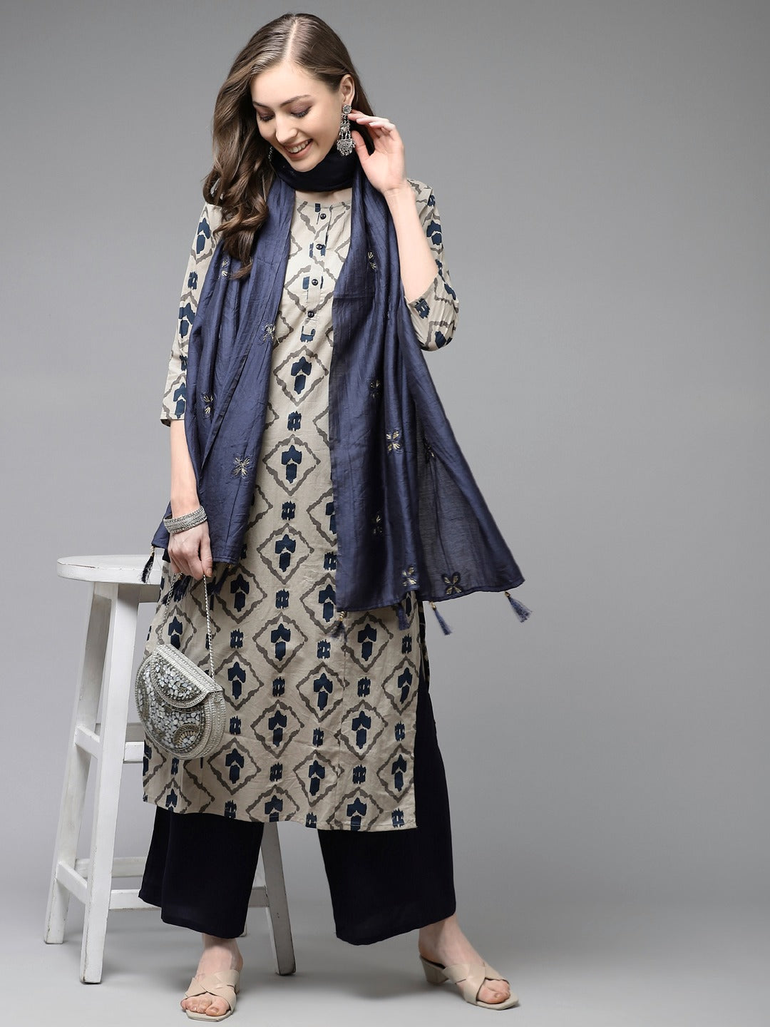 Beige & Navy Blue Printed Pure Cotton Kurta with Palazzos & Dupatta-Yufta Store-1555SKDBGS