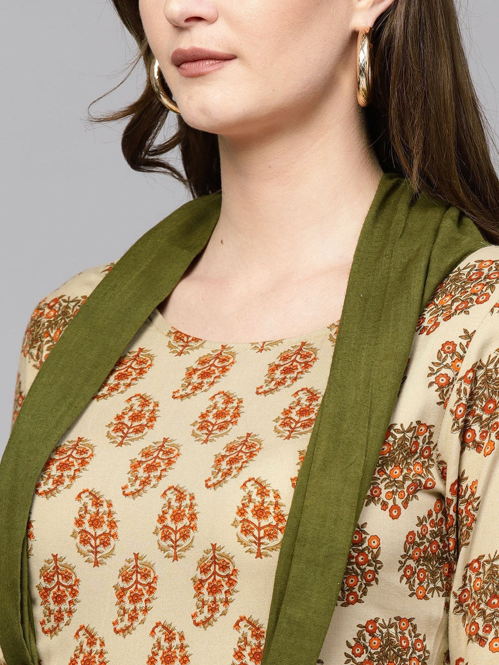 Beige & Olive Green A-Line Kurta with an Attached Draped-Yufta Store-DBNKU1649S
