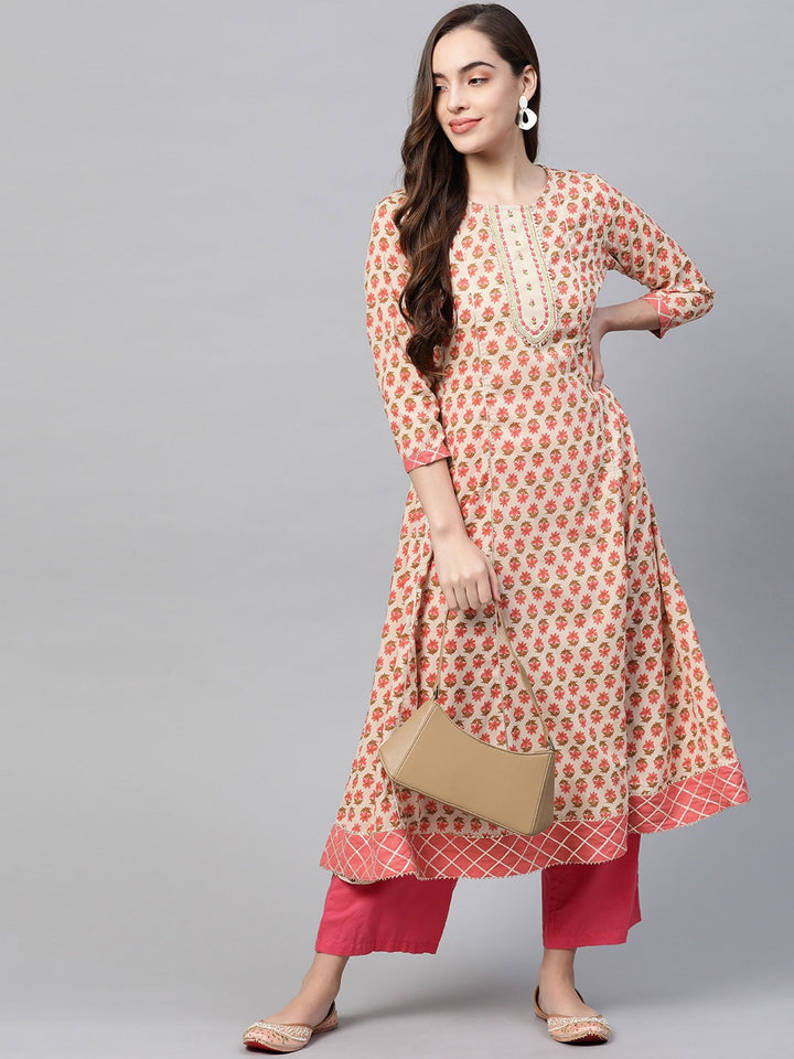 Beige & Peach Printed Kurta-Yufta Store-7635KURBGS