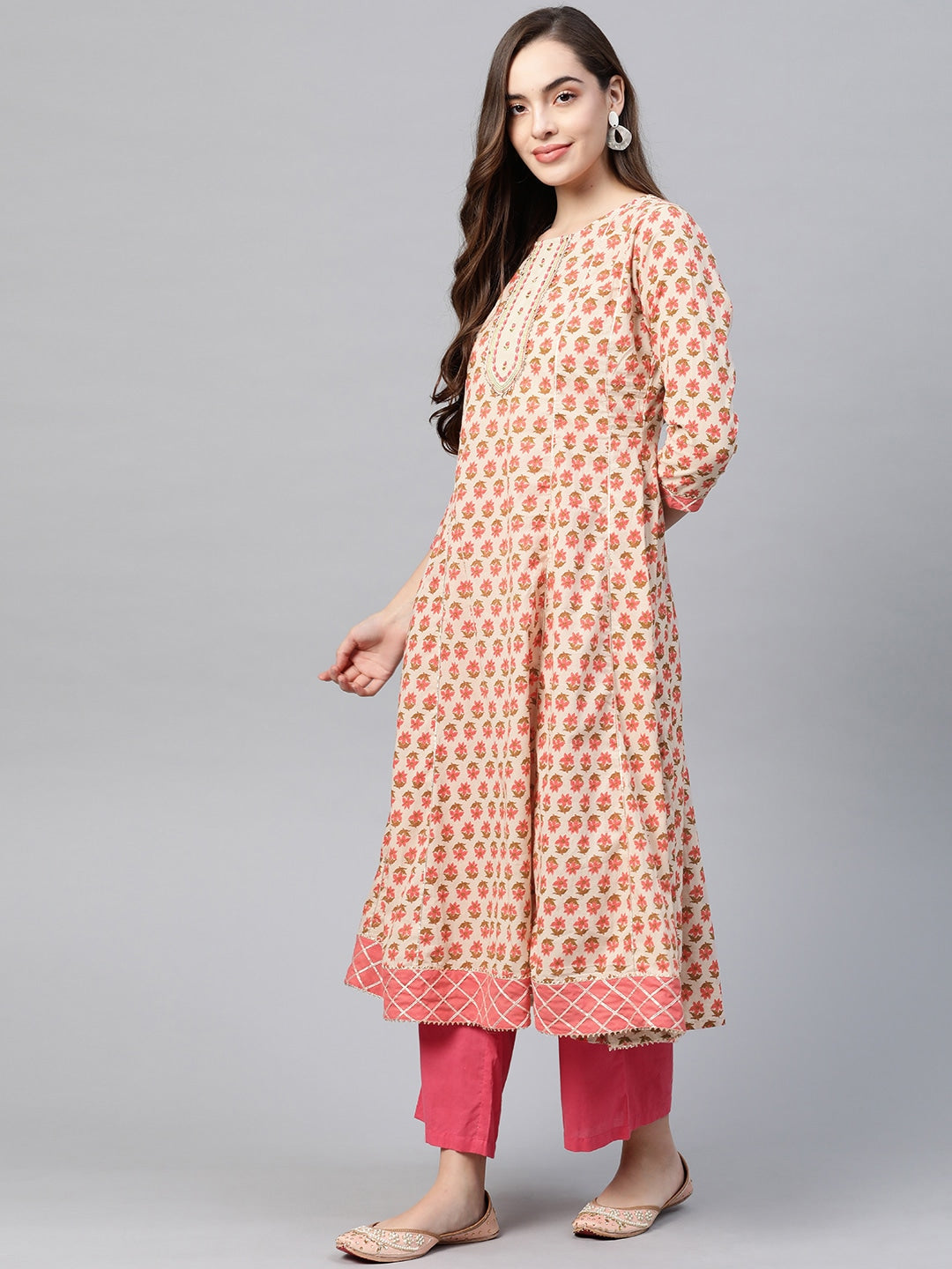 Beige & Peach Printed Kurta-Yufta Store-7635KURBGS