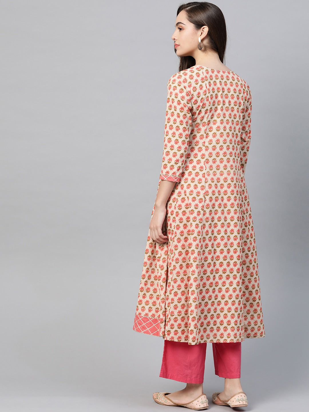 Beige & Peach Printed Kurta-Yufta Store-7635KURBGS