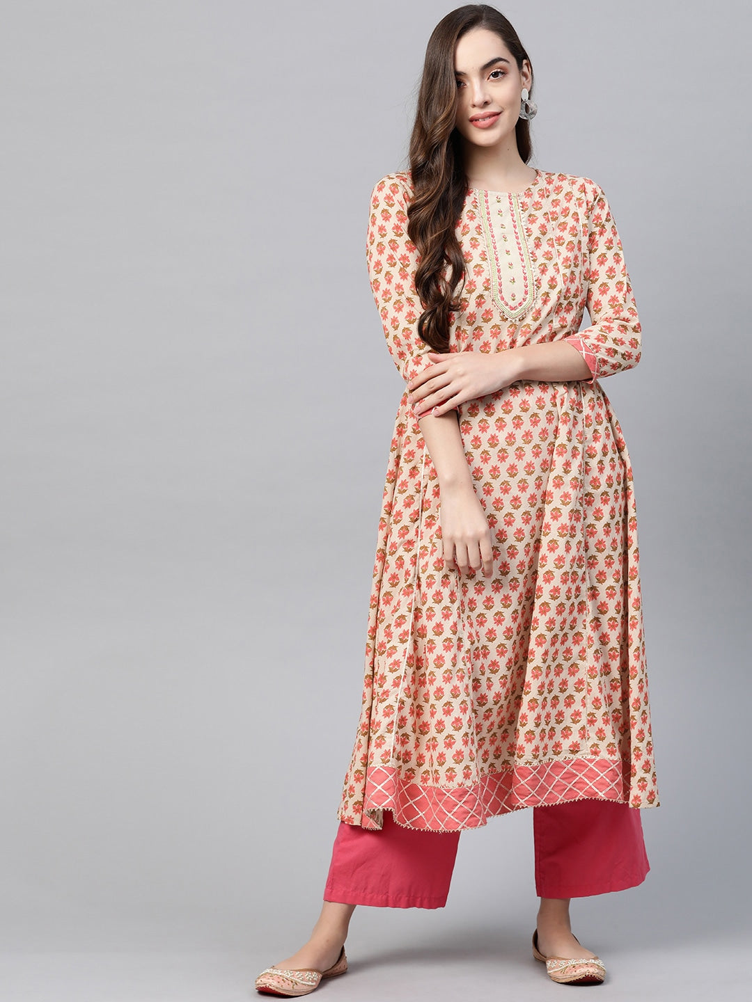 Beige & Peach Printed Kurta-Yufta Store-7635KURBGS