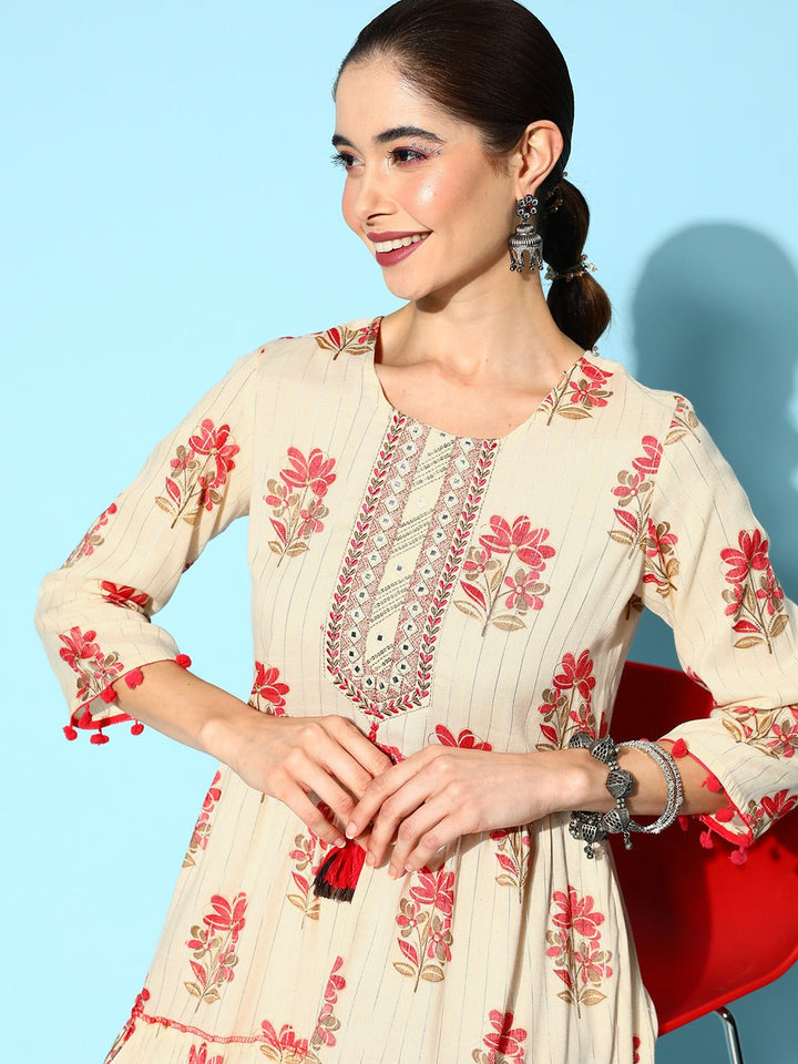 Beige & Pink Floral Pure Cotton Ethnic Dress-Yufta Store-1247DRSPKS