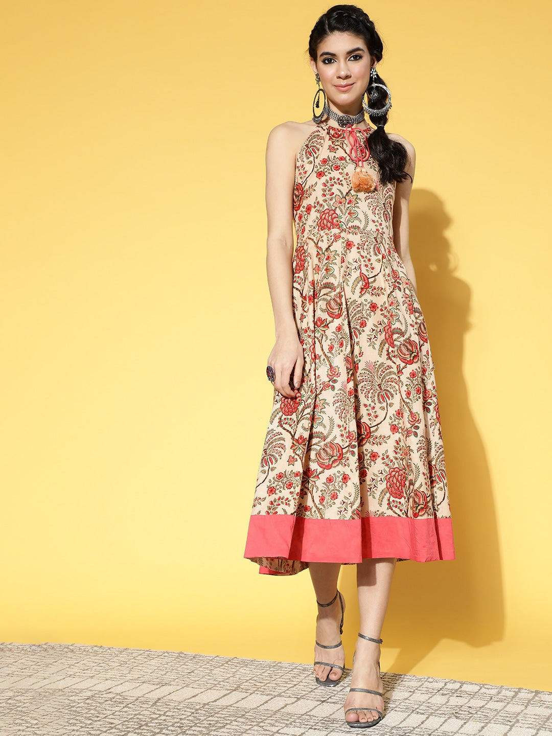 Beige & Pink Mugal Jaal Dress-Yufta Store-9573DRSBGS