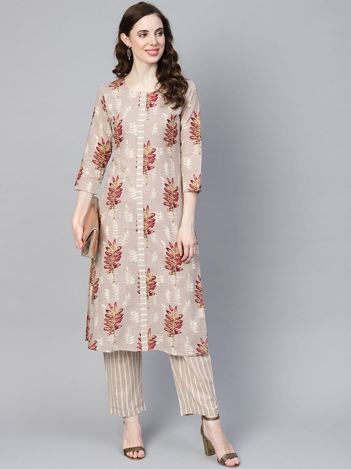 Beige & Pink Printed Kurta Set-Yufta Store-YUFEKSET707PKS