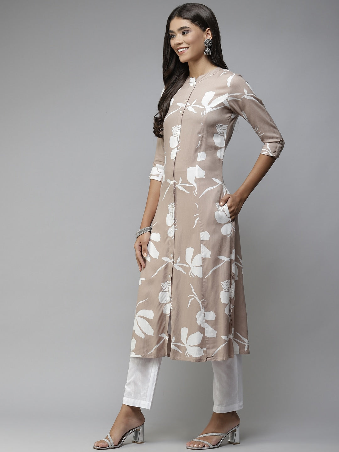 Beige Printed Cotton Kurta-Yufta Store-5705KURBGM