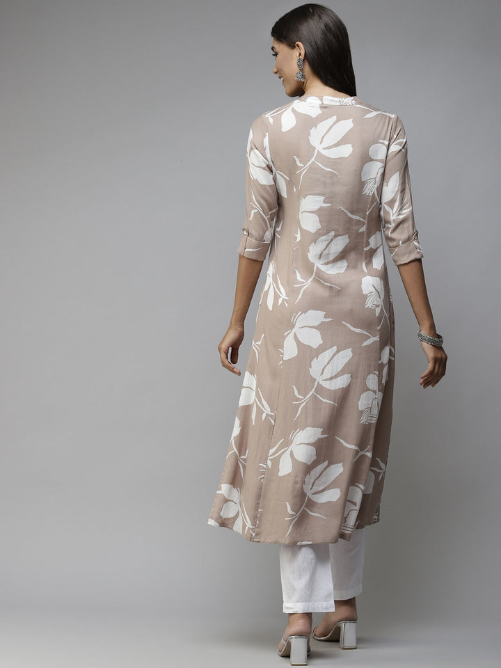 Beige Printed Cotton Kurta-Yufta Store-5705KURBGM